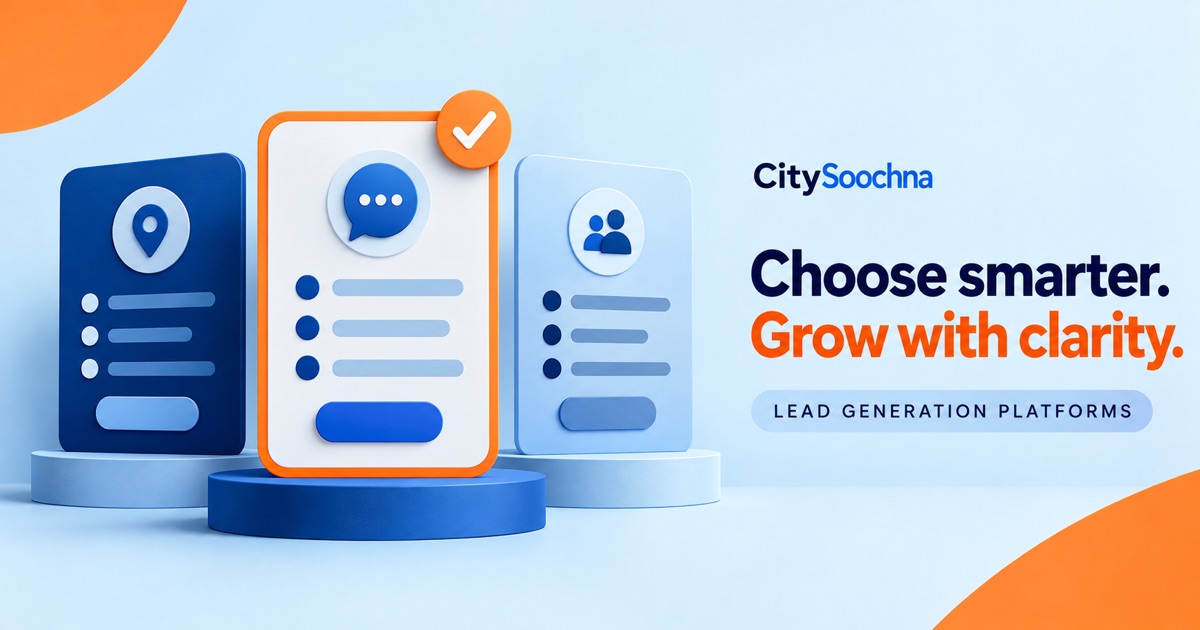 Three blue platform cards and an orange selection frame illustrate comparing lead-generation options.
