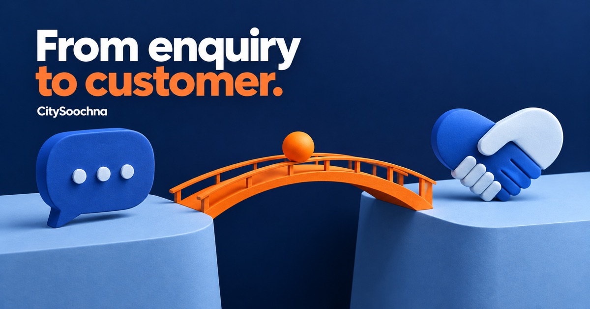 An orange bridge links a blue enquiry bubble to a customer handshake, illustrating lead conversion.