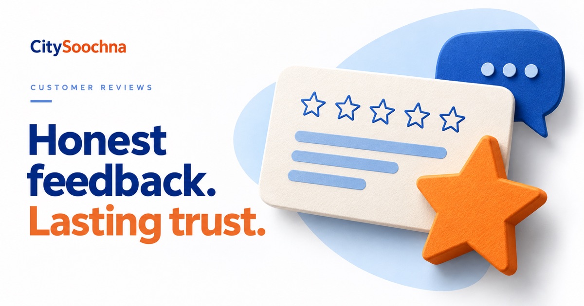 A dimensional blue review card and orange speech bubble celebrate honest customer feedback.