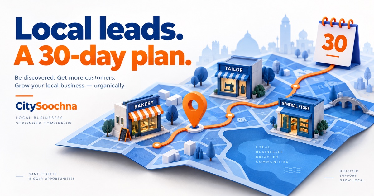 An orange discovery route connects small blue neighbourhood shops beneath a 30-day calendar.