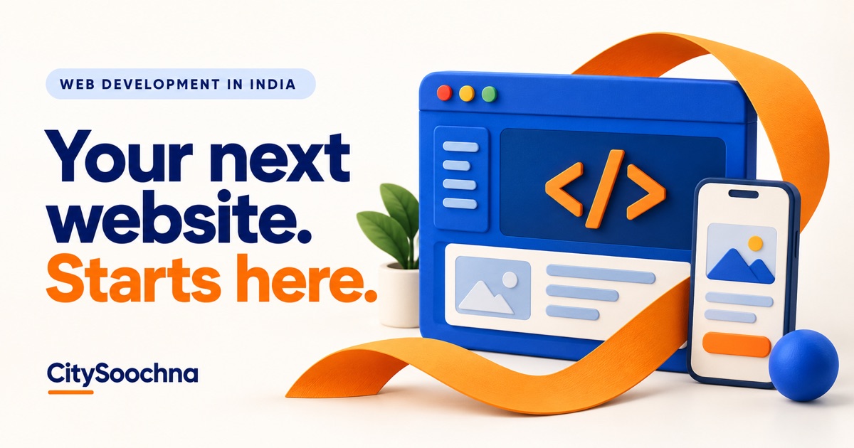 A blue browser and mobile screen with orange code brackets and a ribbon, beside the words Your next website. Starts here.